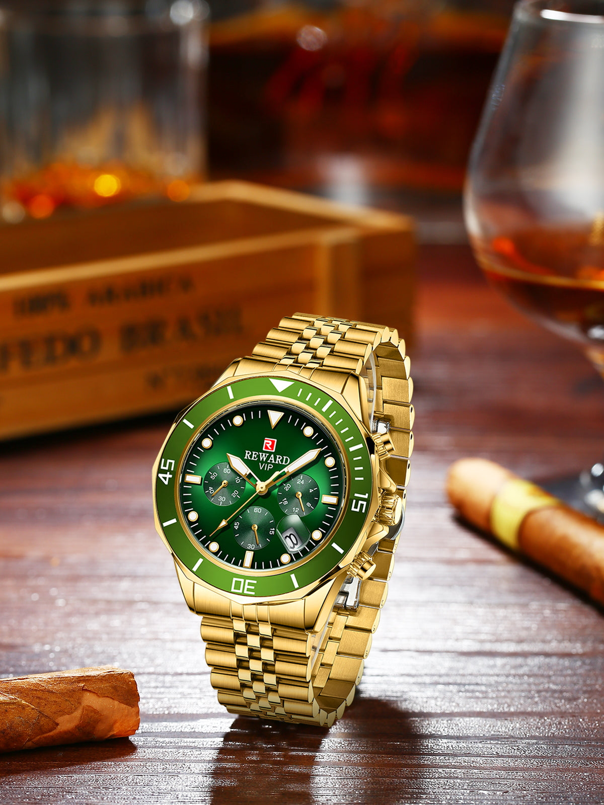 Marina Multifunction Watch Steel, Gold and Green colour