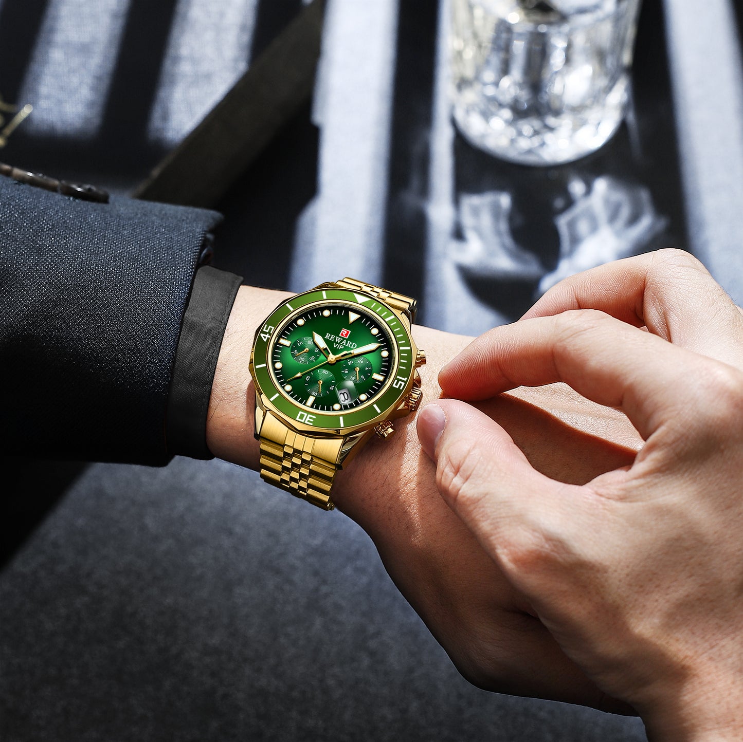 Marina Multifunction Watch Steel, Gold and Green colour