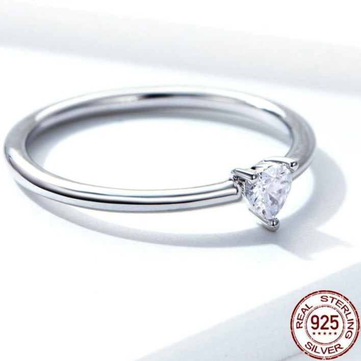 AMORE Heart Clear CZ Simple Finger Rings, Silver Colour