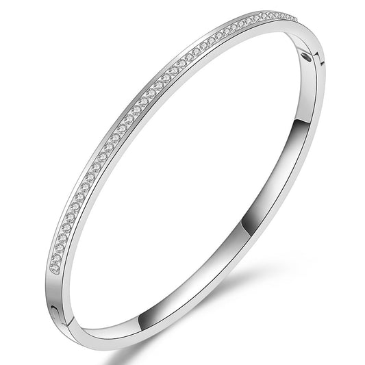 QETA Bangle Bracelets Two Line Crystal, Silver Colour